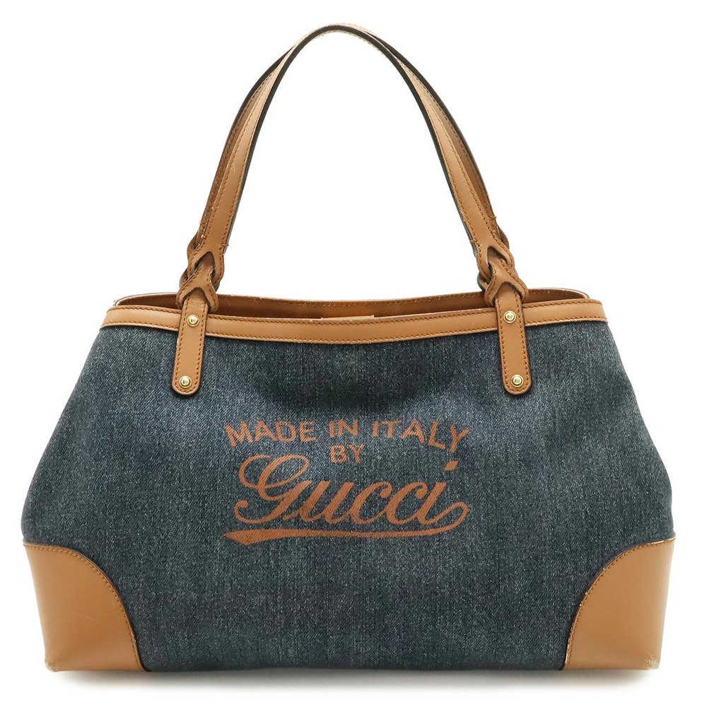 Gucci Craft Tote Bag Shoulder Denim Leather Blue Terracotta Brown